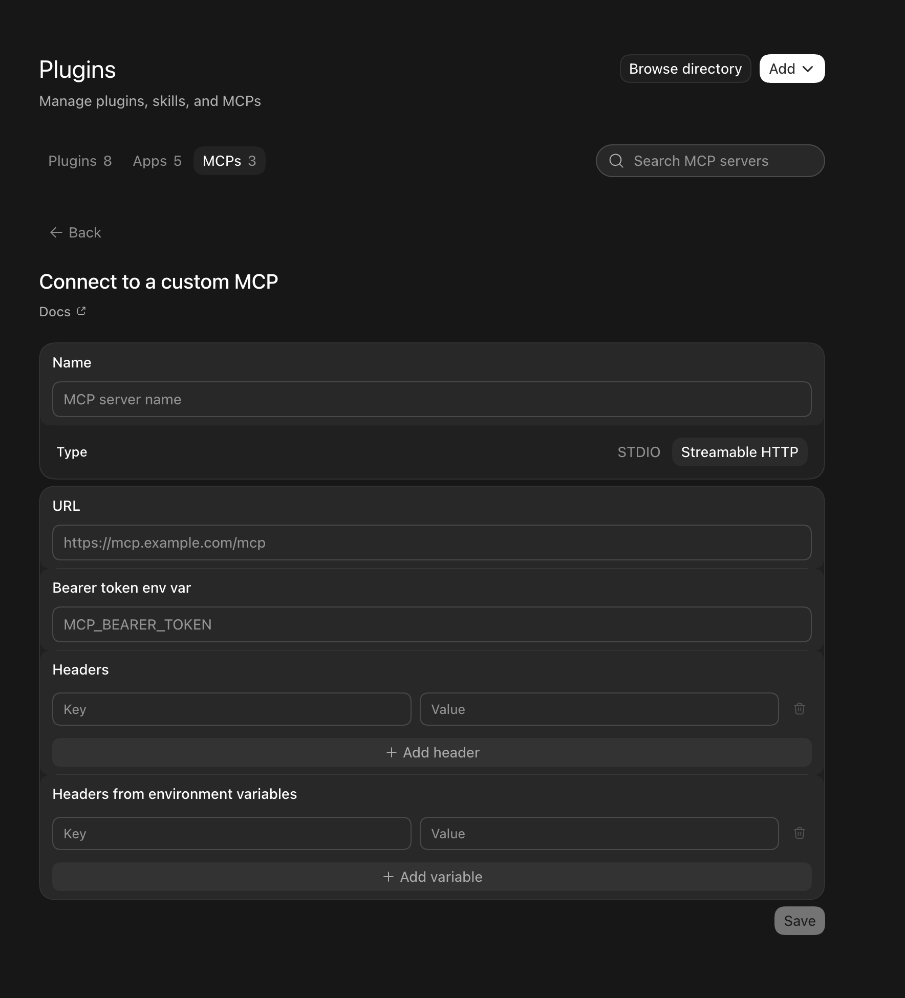 Custom MCP server form in ChatGPT Desktop