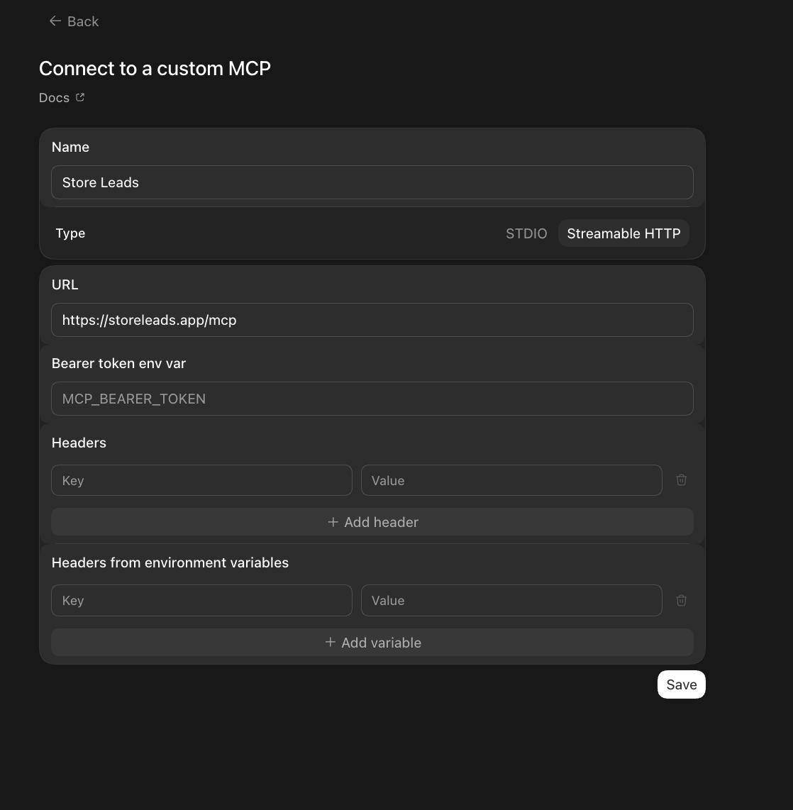 Store Leads MCP server details in ChatGPT Desktop