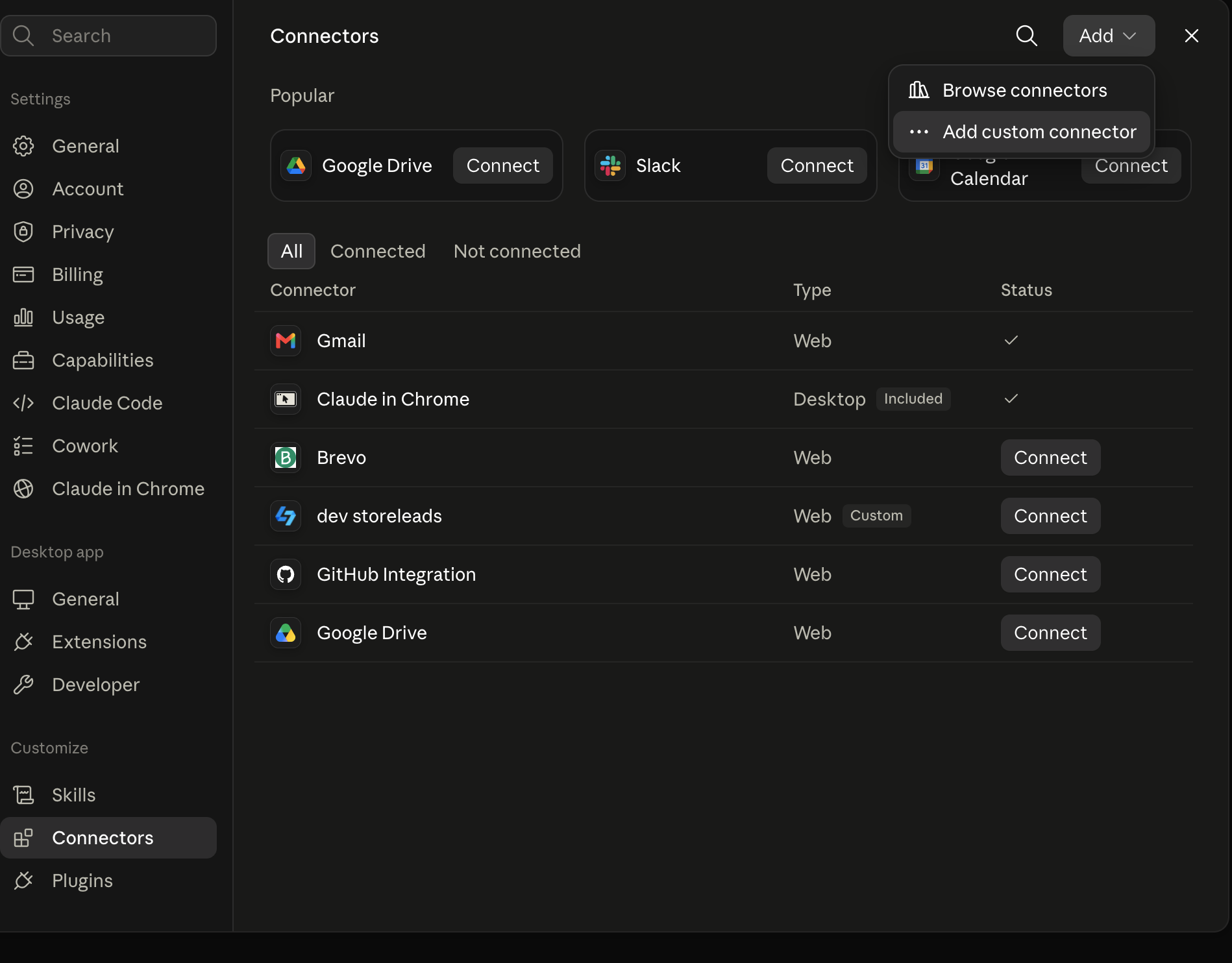 Add custom connector menu in Claude Desktop