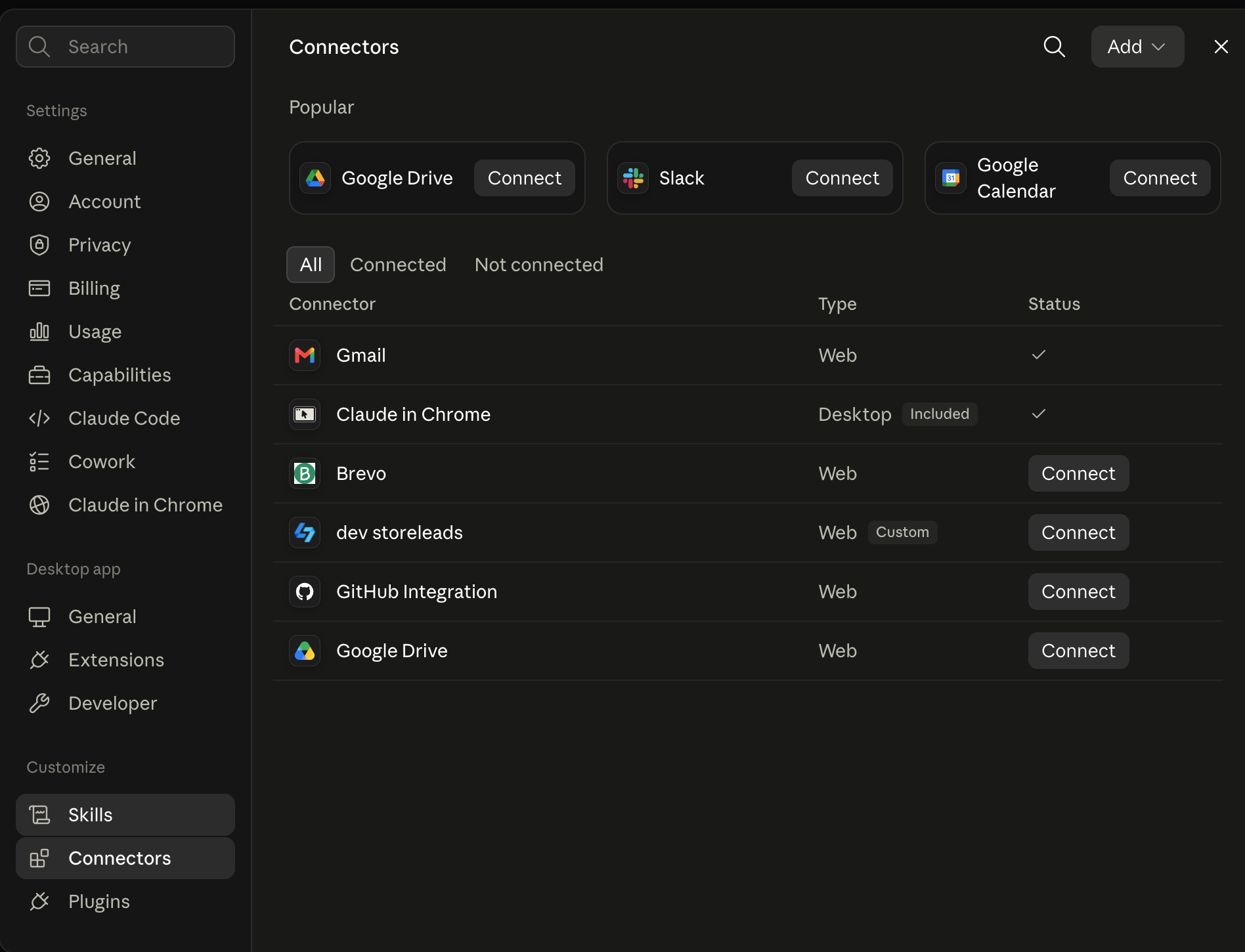 Connectors in Claude Desktop settings