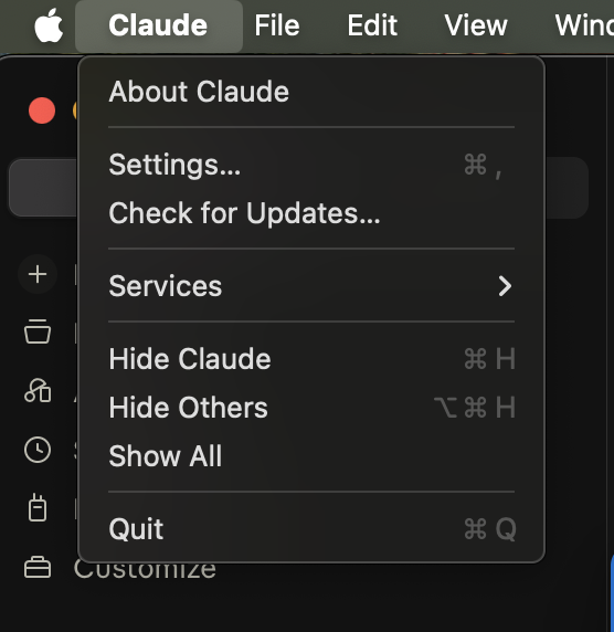 Claude Desktop Settings menu