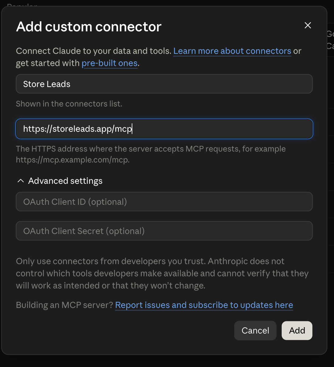 Store Leads custom connector details in Claude Desktop