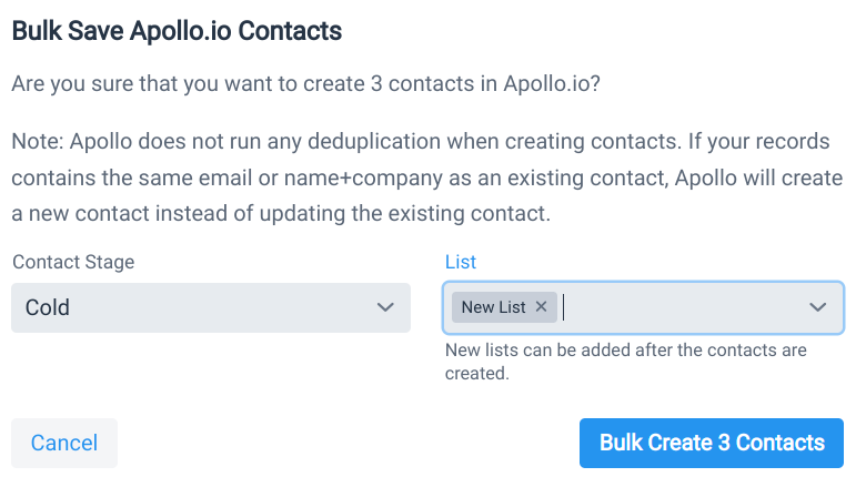Bulk Apollo.io Contact Creation Confirmation