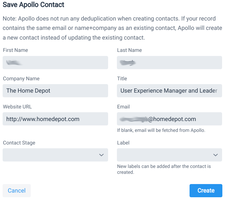 Apollo.io Save Contact Form