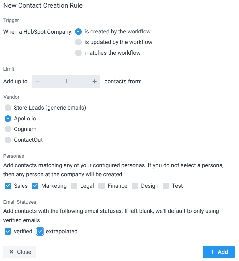 Contact creation rule support for email status