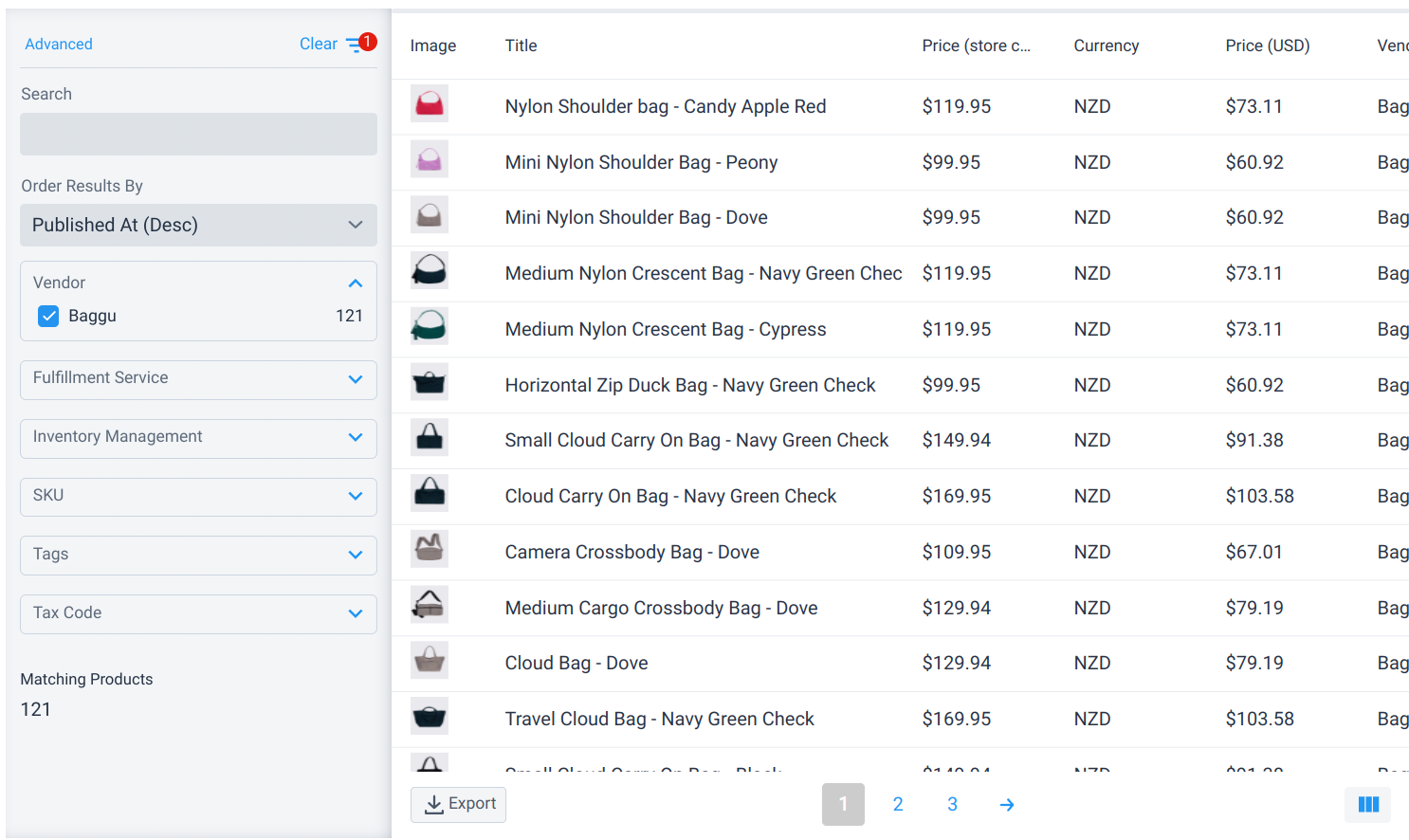 Details for stores sold at a domain with export button