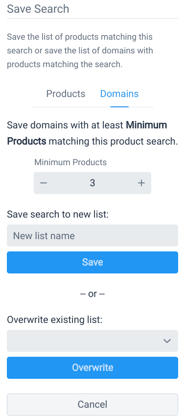 Save domains from product search to List